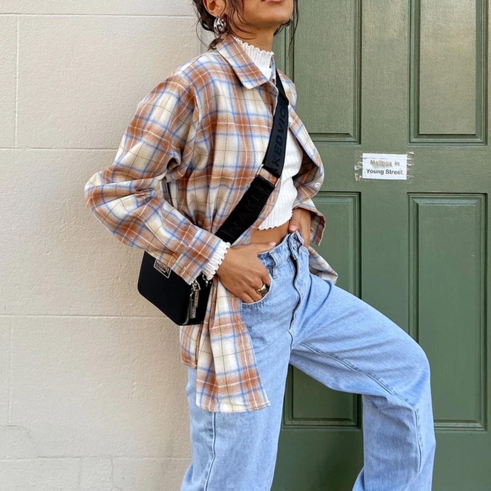 NWT princess polly oversized plaid flannel “cameron top brown”